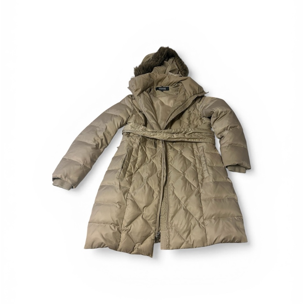 Tan Quilted Puffer Coat with Fur Trim